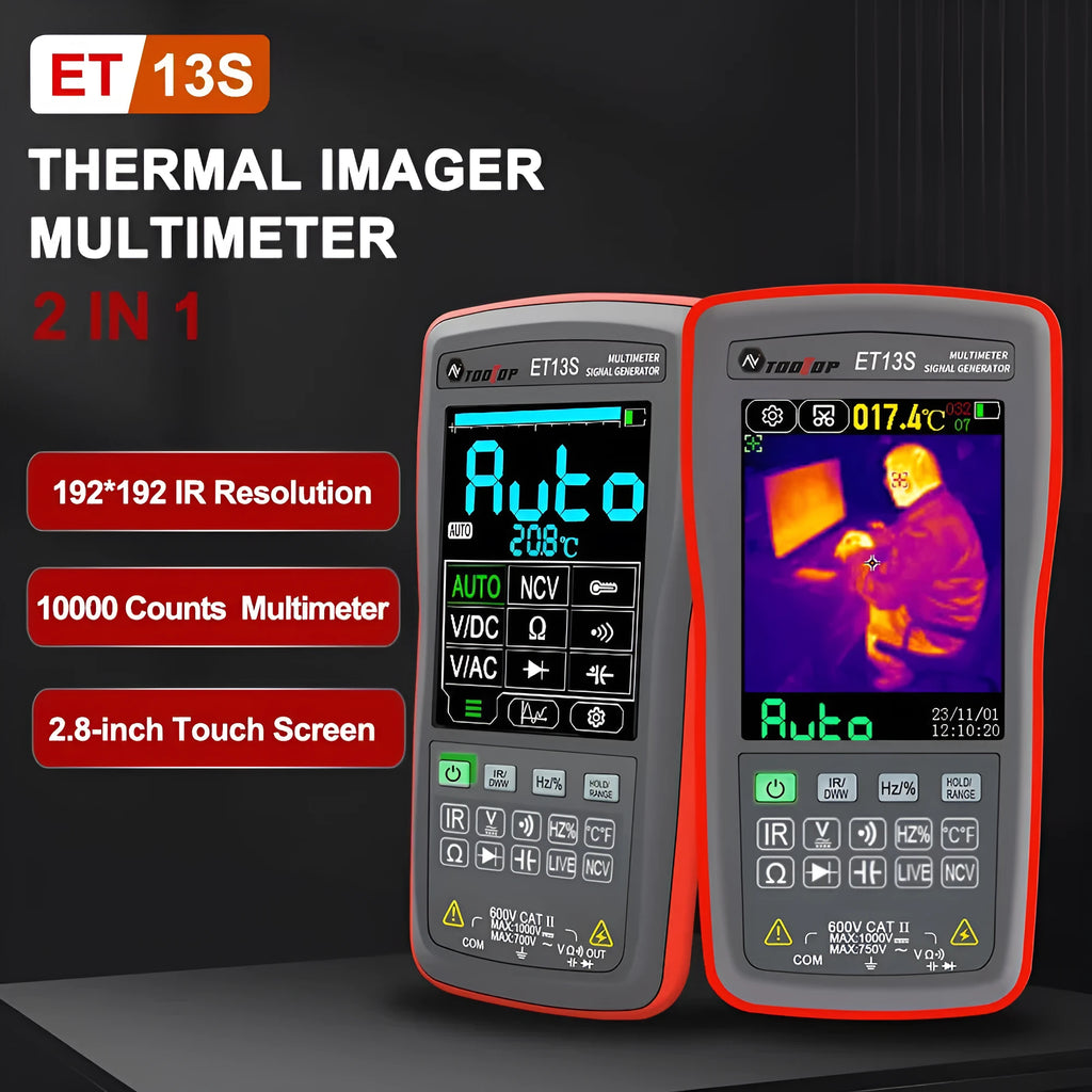 ET13S thermal imaging multimeter showing infrared display and electrical measurement functions on 2.8 inch touchscreen