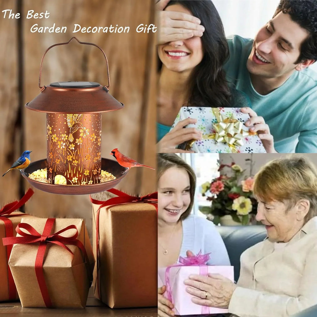 Solar-powered iron art bird feeder with hummingbird pattern and integrated LED light for gardens