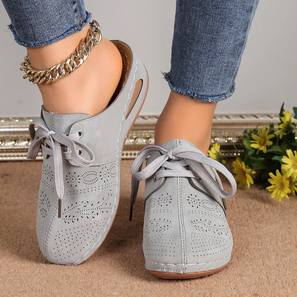 Women's baotou lace-up slippers with hollow out wedges in suede upper and rubber sole