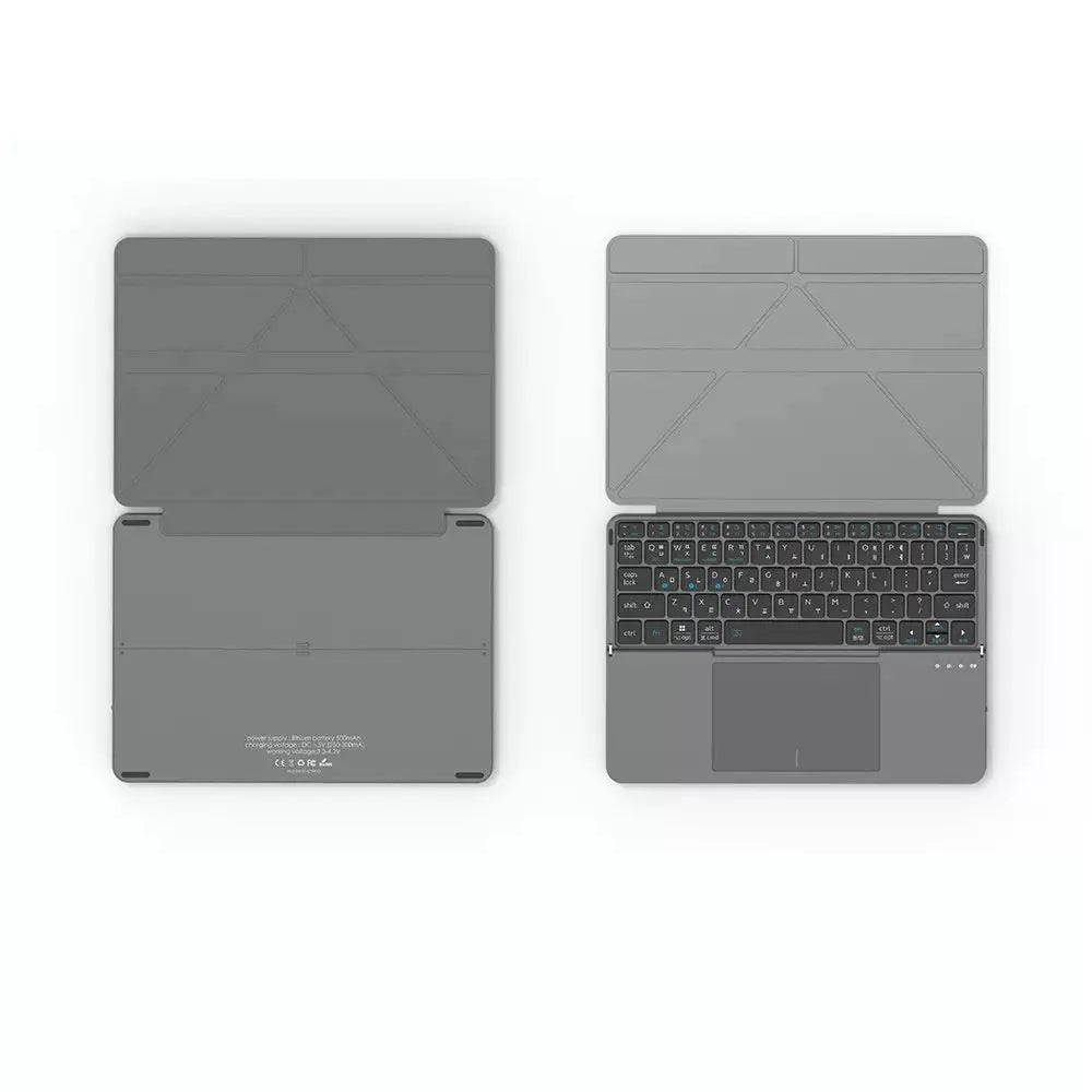 Grey folding wireless Bluetooth keyboard shown in both folded and unfolded positions