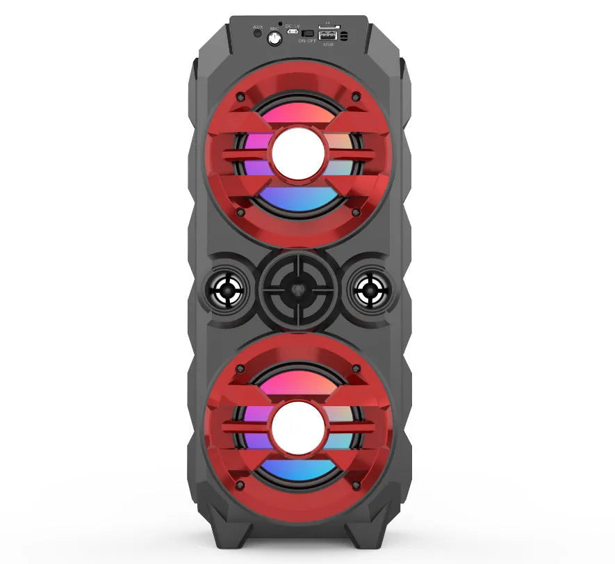 Portable Bluetooth speaker with wireless colour lights and integrated pull rod handle in blue, red, or silver grey