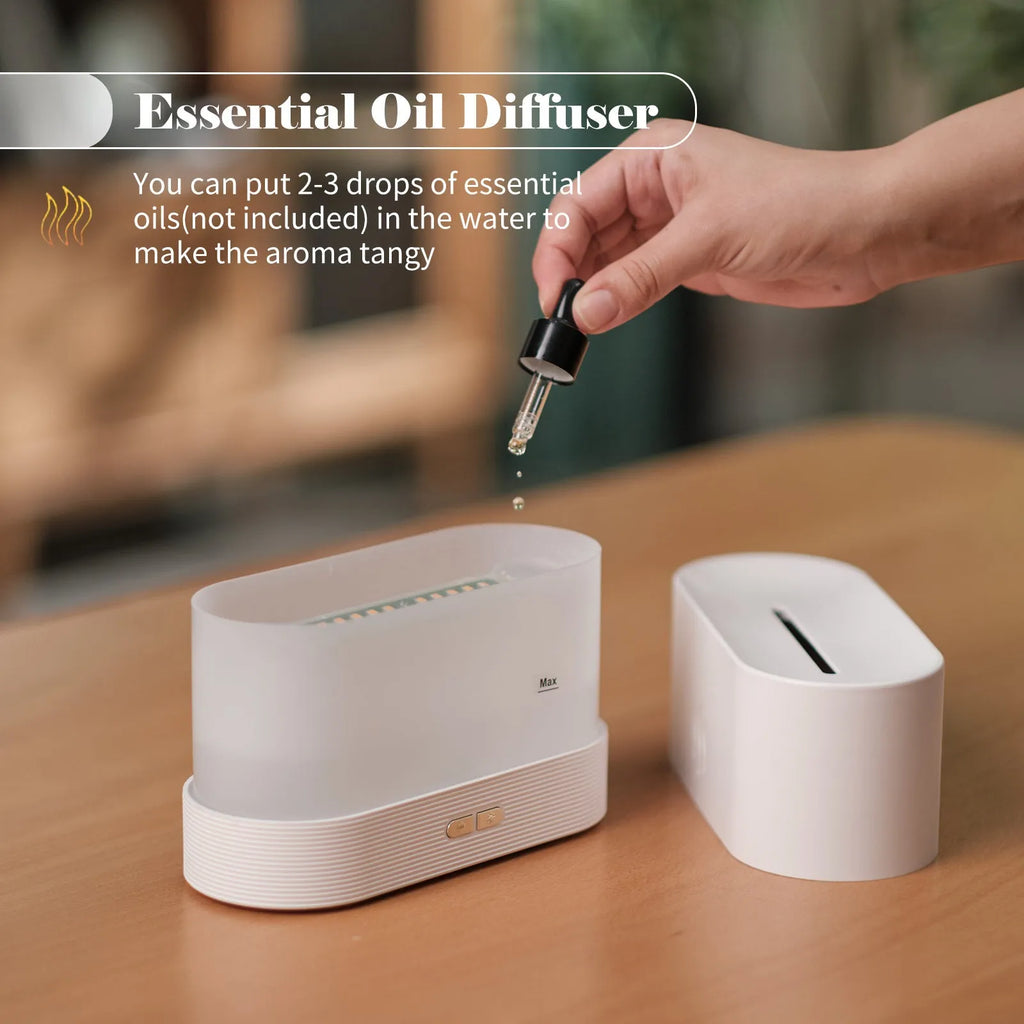 Black square ultrasonic aroma diffuser with flame light effect and mist output