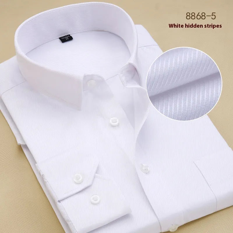 Men's black slim fit long sleeve cotton business shirt on a hanger.