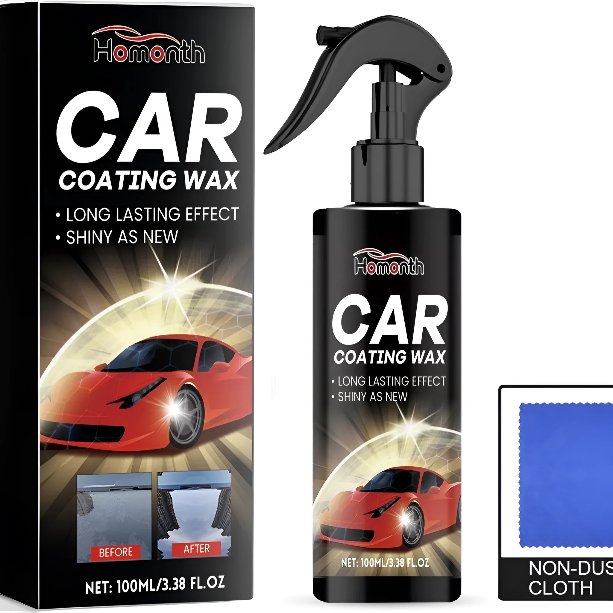 Car coating wax kit showing PET bottle and 20x20cm microfibre cloth for paint protection