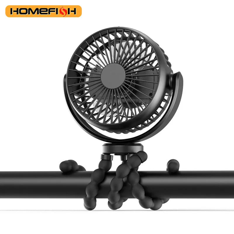 HOMEFISH F2 automatic shake head fan with LED light on removable bracket, showing USB port.