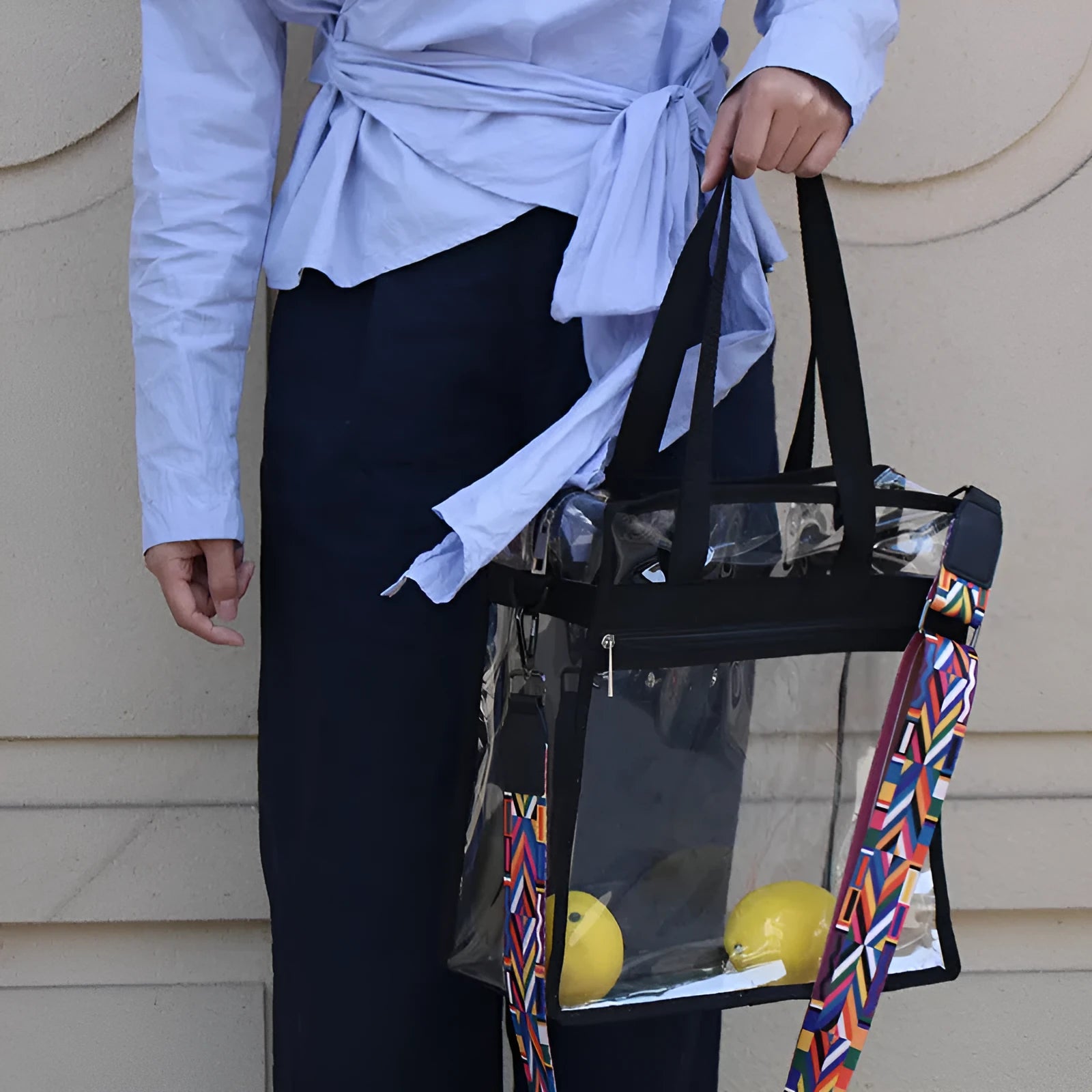 Women's transparent PVC shoulder messenger bag in brown with side net pocket and double strap connectors