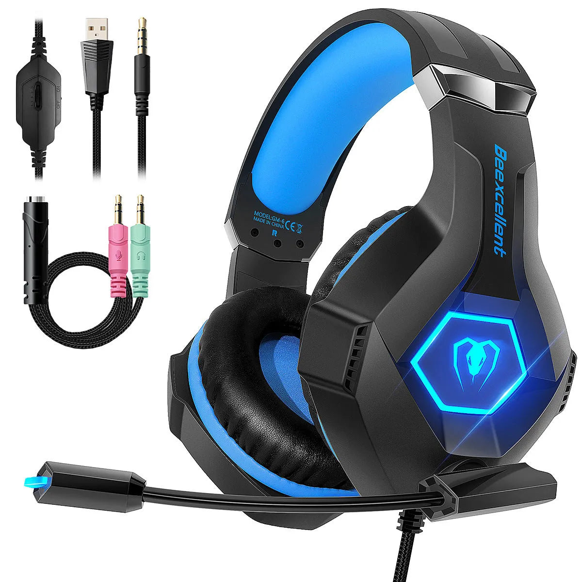 Thunder Wear gaming headset with microphone, LED lighting, and 1.8 metre cable in black with blue accent colour