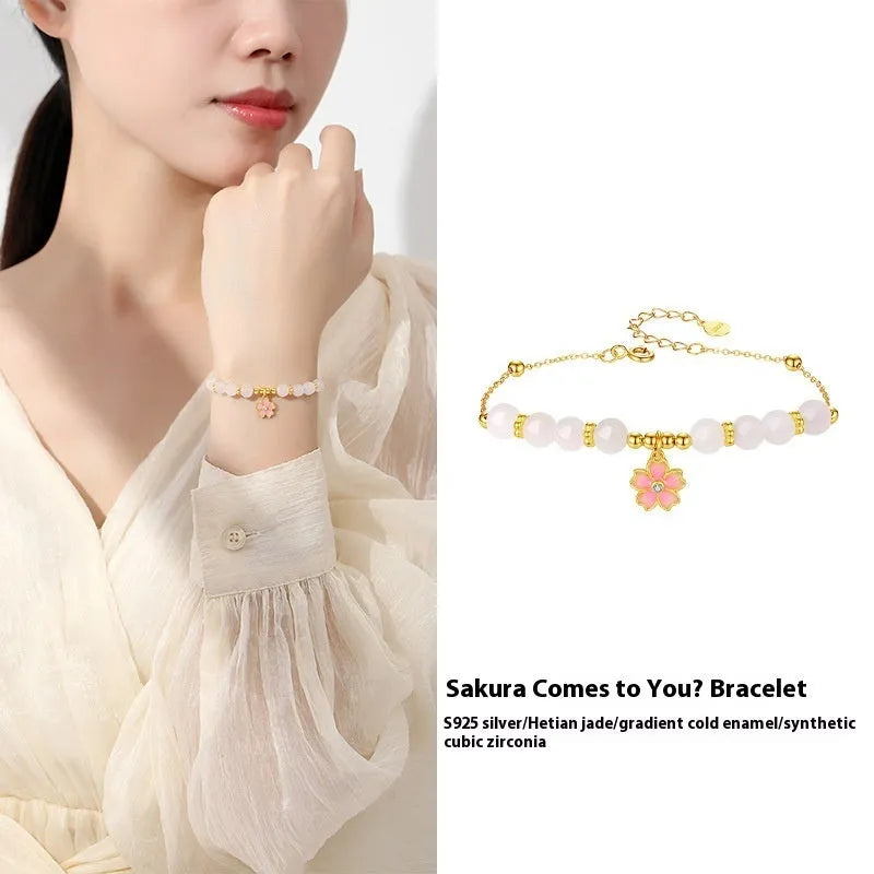 S925 silver cherry blossom pendant on Hetian jade beaded bracelet for women