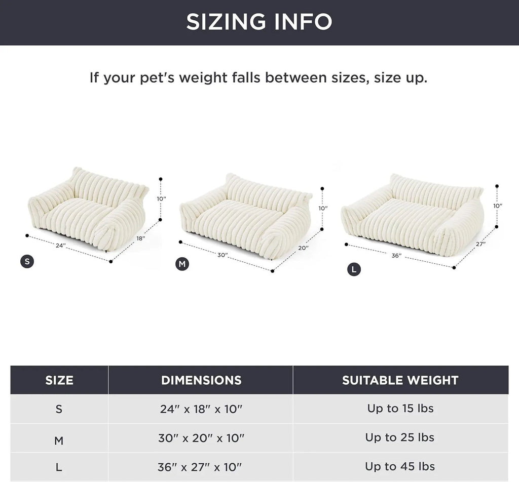 Beige corduroy fleece pet couch with high backrest and sides on a wooden floor.