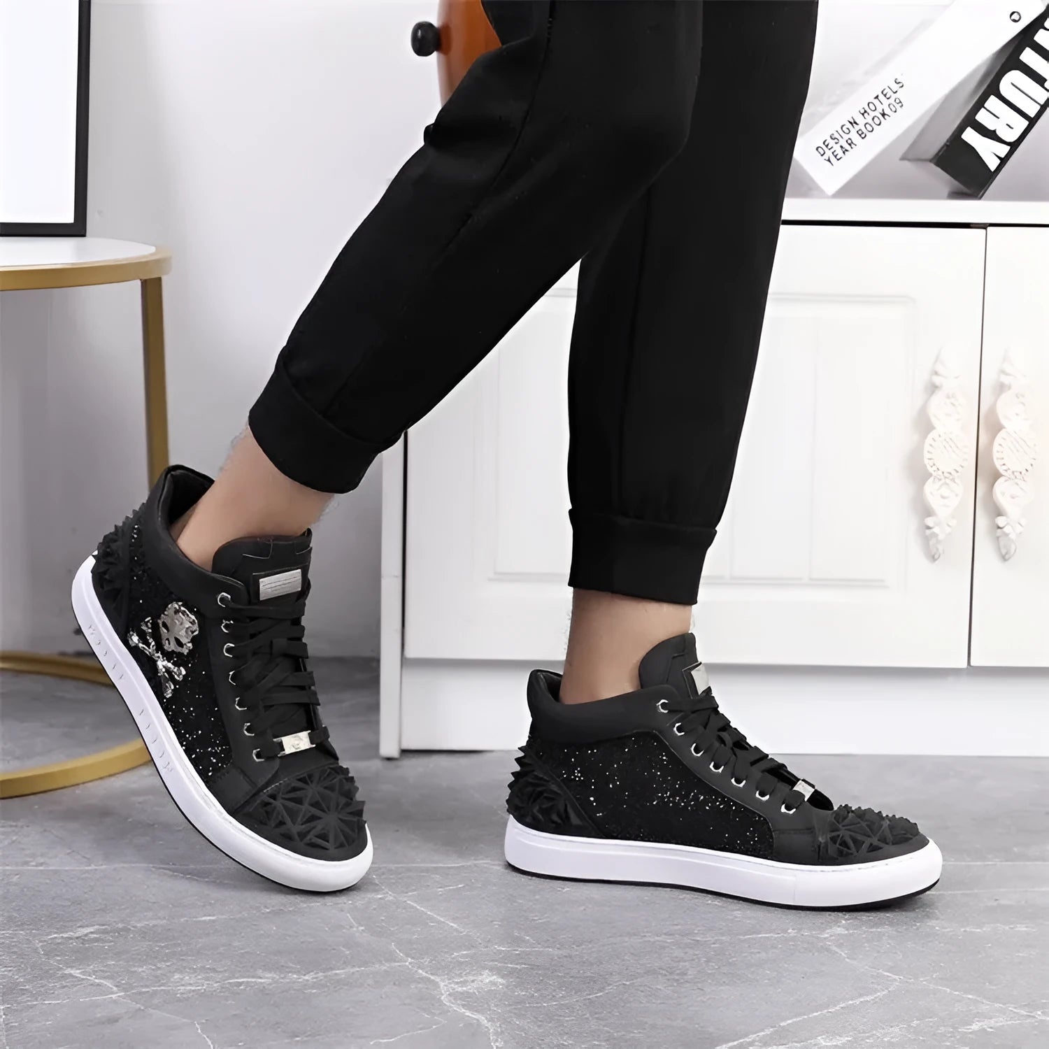 Men's black genuine leather high top skeleton shoes with a lace-up front and rubber sole.