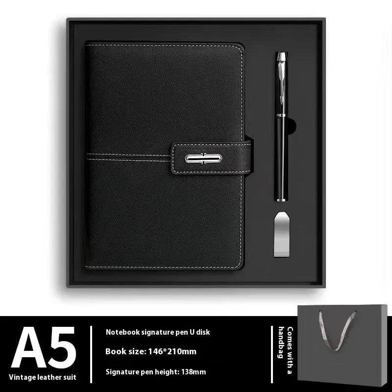 A5 size notebook with PU leather cover in various colours, showing wood-free paper inside.