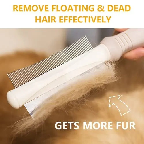 White double-sided pet grooming brush showing comb and deshedding sides, measuring 230mm