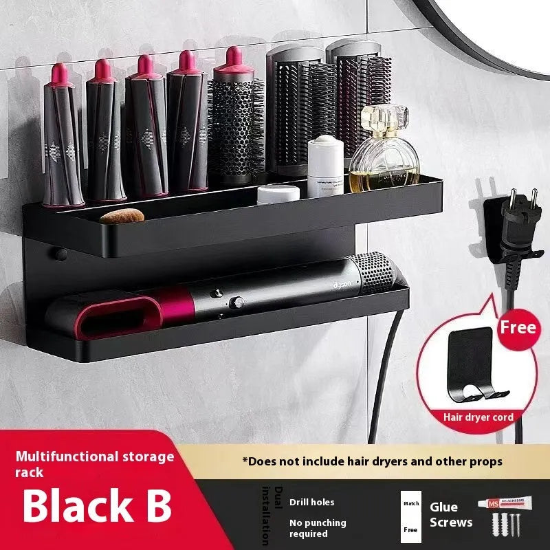 White double-layer aluminium bathroom storage rack for hair curlers mounted on a wall.