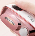 Electric nail clipper and polisher two-in-one device in blue, orange and white colours with Type-C charging cable