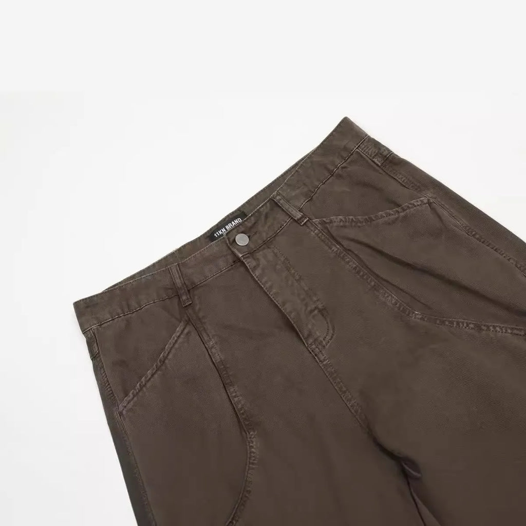 Men's brown loose straight-leg trousers with high waist and zipper fly