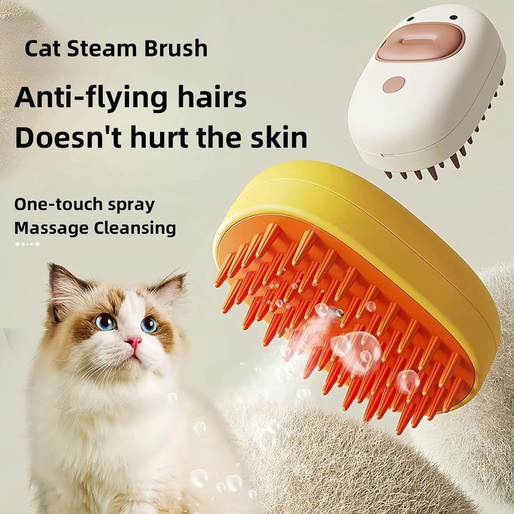 White pet steam brush with silicone teeth and water tank for cat and dog grooming
