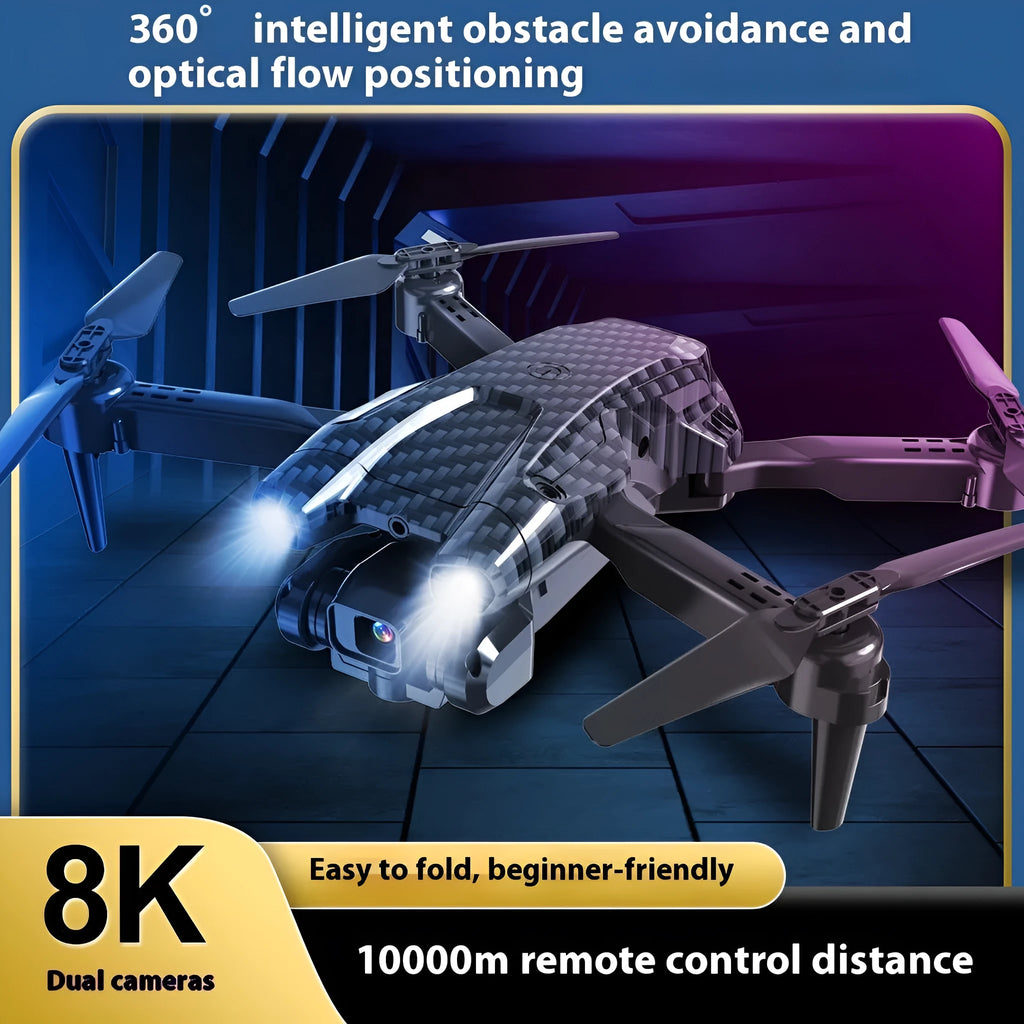 S138 black folding UAV drone with dual cameras and obstacle avoidance sensors, shown in a compact size.