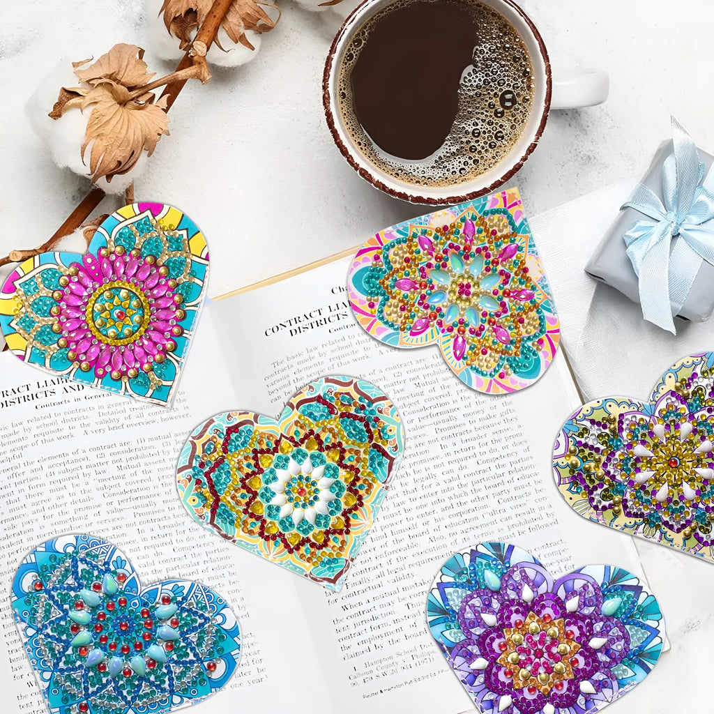 Six handmade PU leather bookmarks with crystal flower corners in modern style