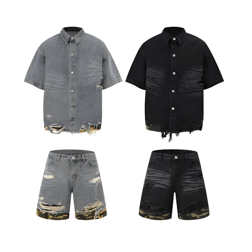Denim two-piece streetwear set with leopard print stitching on short sleeve top and matching shorts