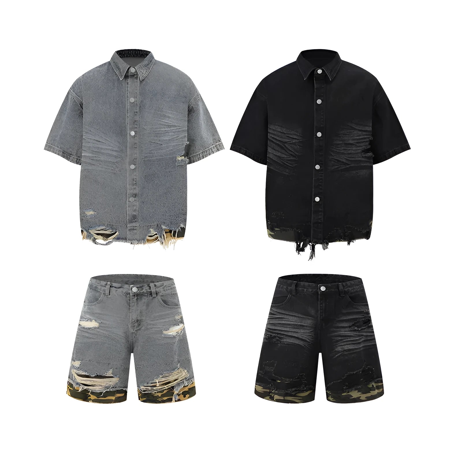 Denim two-piece streetwear set with leopard print stitching on short sleeve top and matching shorts