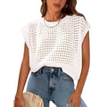White women's pullover sweater with crochet detail on the sleeves