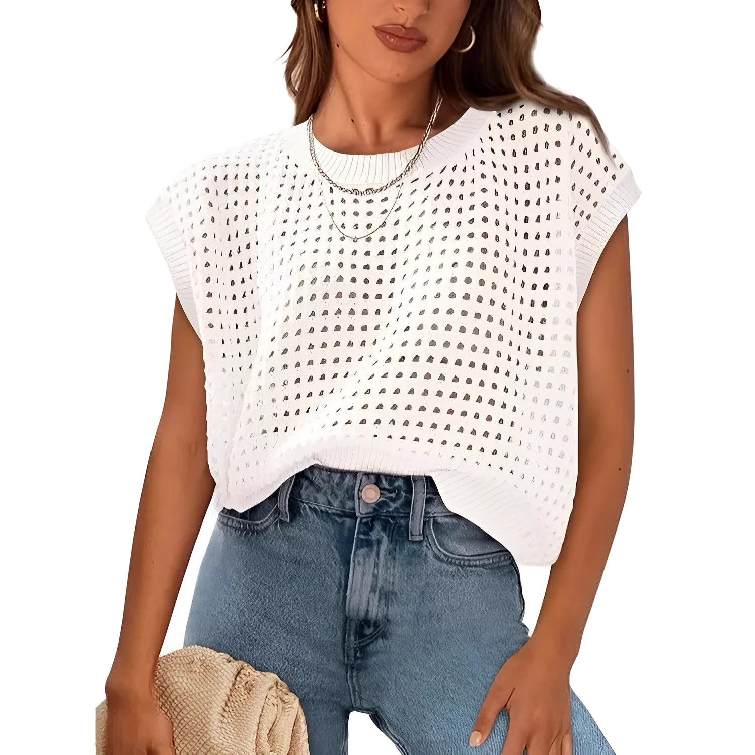 White women's pullover sweater with crochet detail on the sleeves