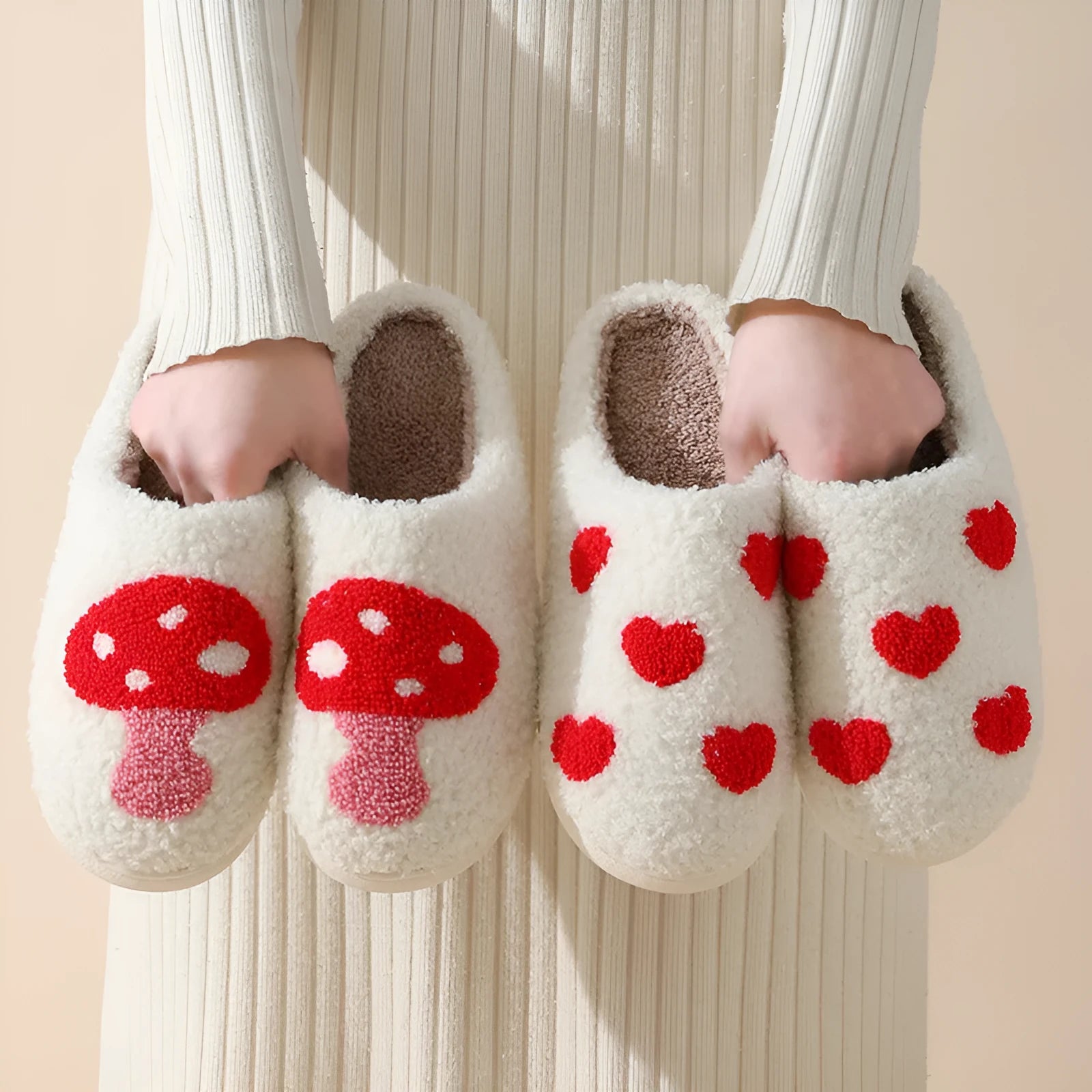 Women's plush cartoon love style home slippers in multiple colours with a non-slip PVC sole.