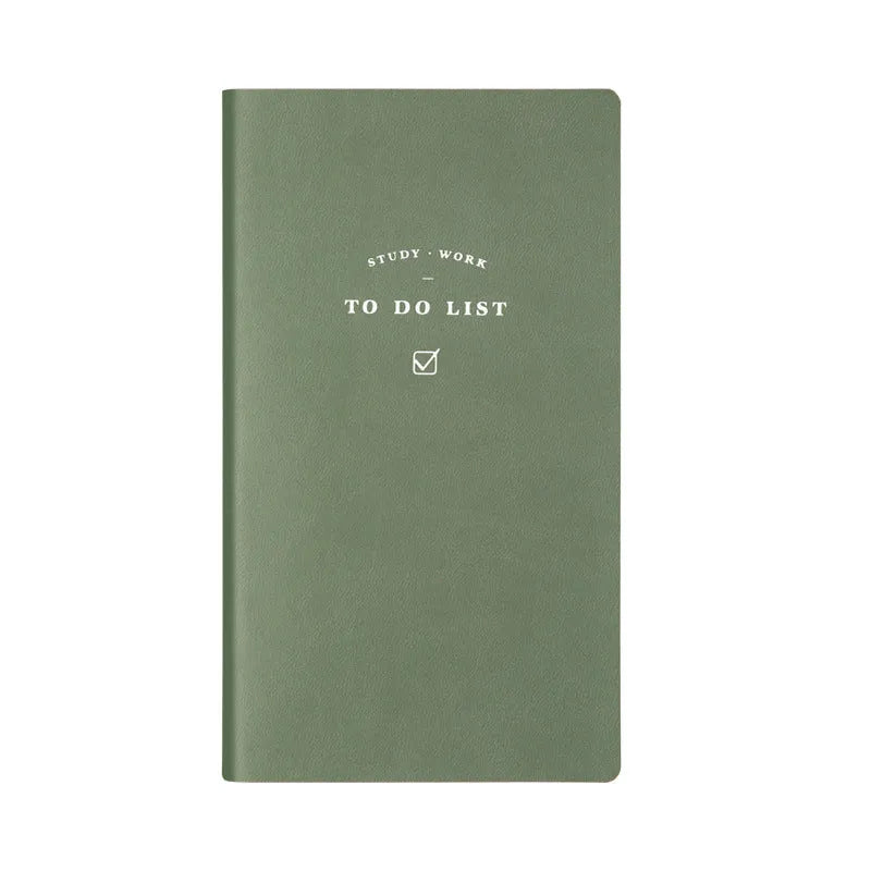 A simple portable todolist notebook in morandi blue with a PU cover, shown next to a pen.