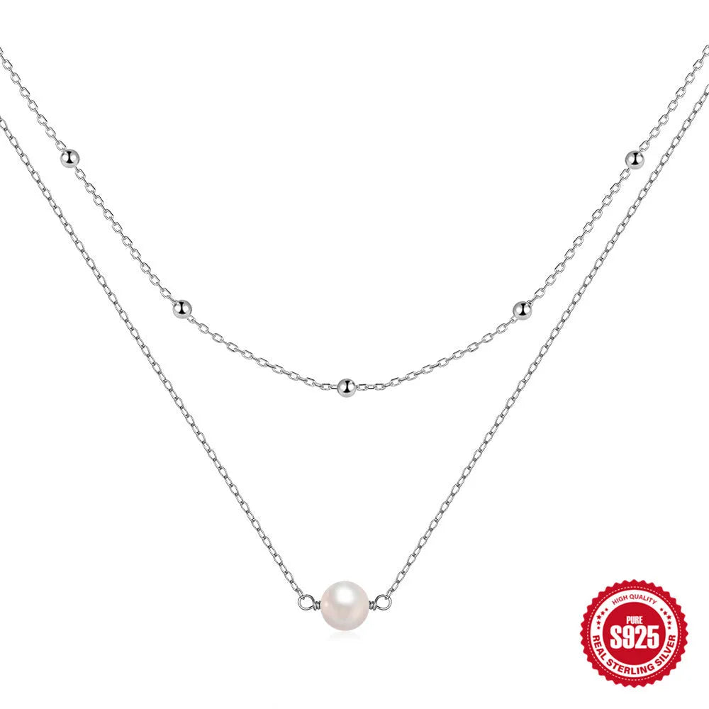 Sterling silver double layer necklace with twin pearls on ball bead chain in gold or white gold plating
