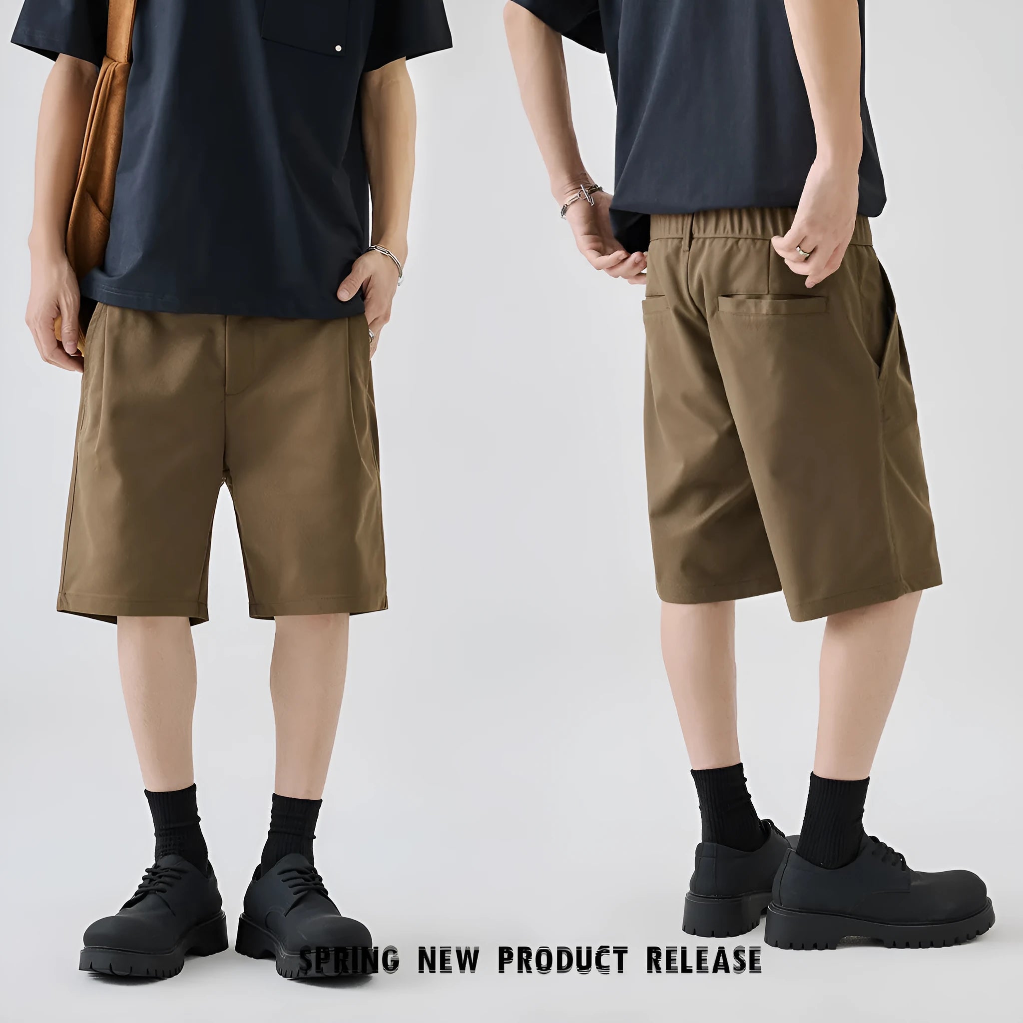 Summer business casual straight-leg trousers in micro-elastic polyester fabric, shorts length