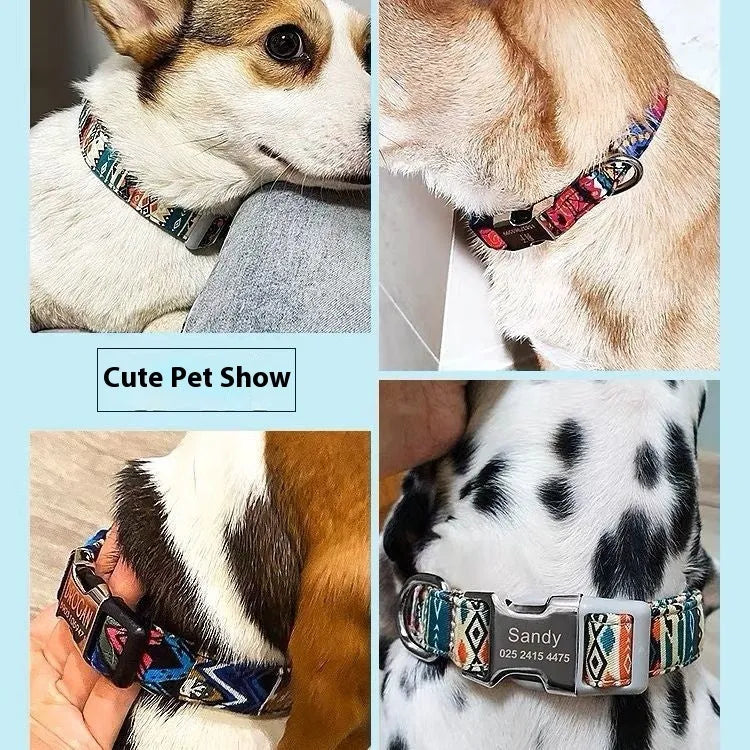 Striped canvas dog collar with adjustable semi-metal buckle in bohemian blue colour