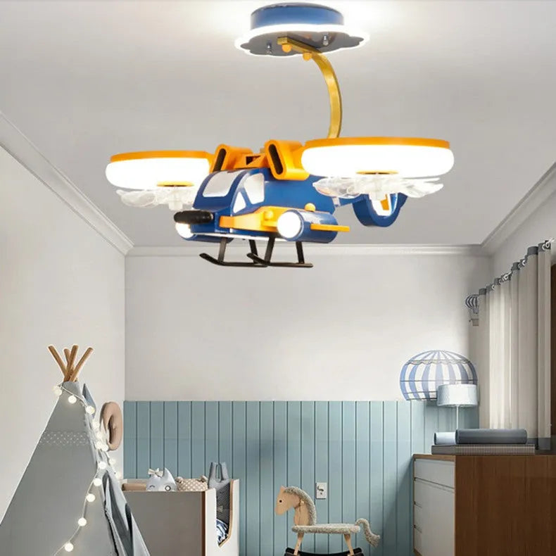 Yellow and blue ceiling fan light with fixed metal blades and acrylic lampshade for bedroom installation