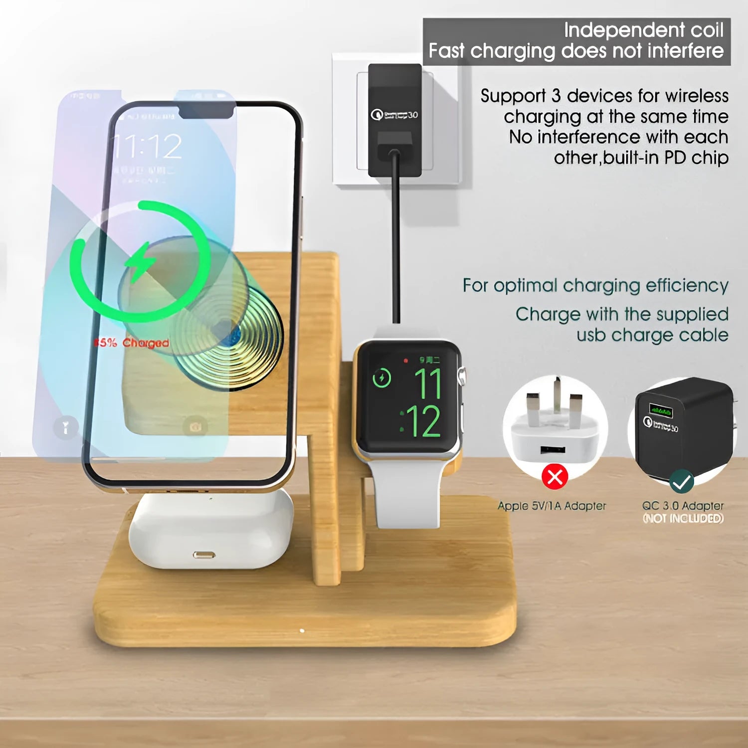 Bamboo three-in-one wireless charger desktop phone holder in natural colour