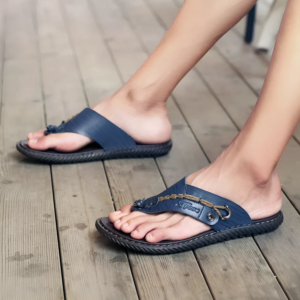 Men's casual non-slip slippers in PU leather, shown in black, blue, khaki, and light brown colours.