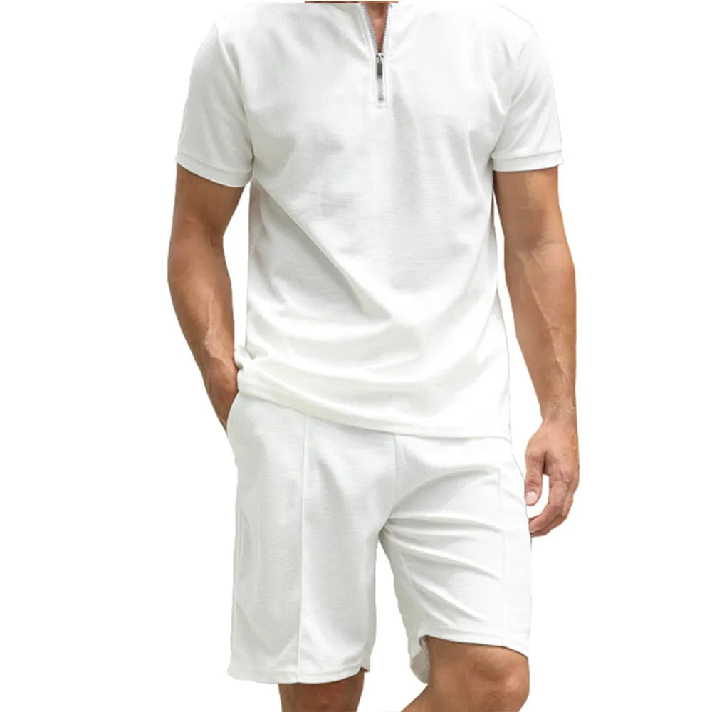 Men's solid colour polo shirt and shorts two-piece set in beaded bird's eye polyester fabric