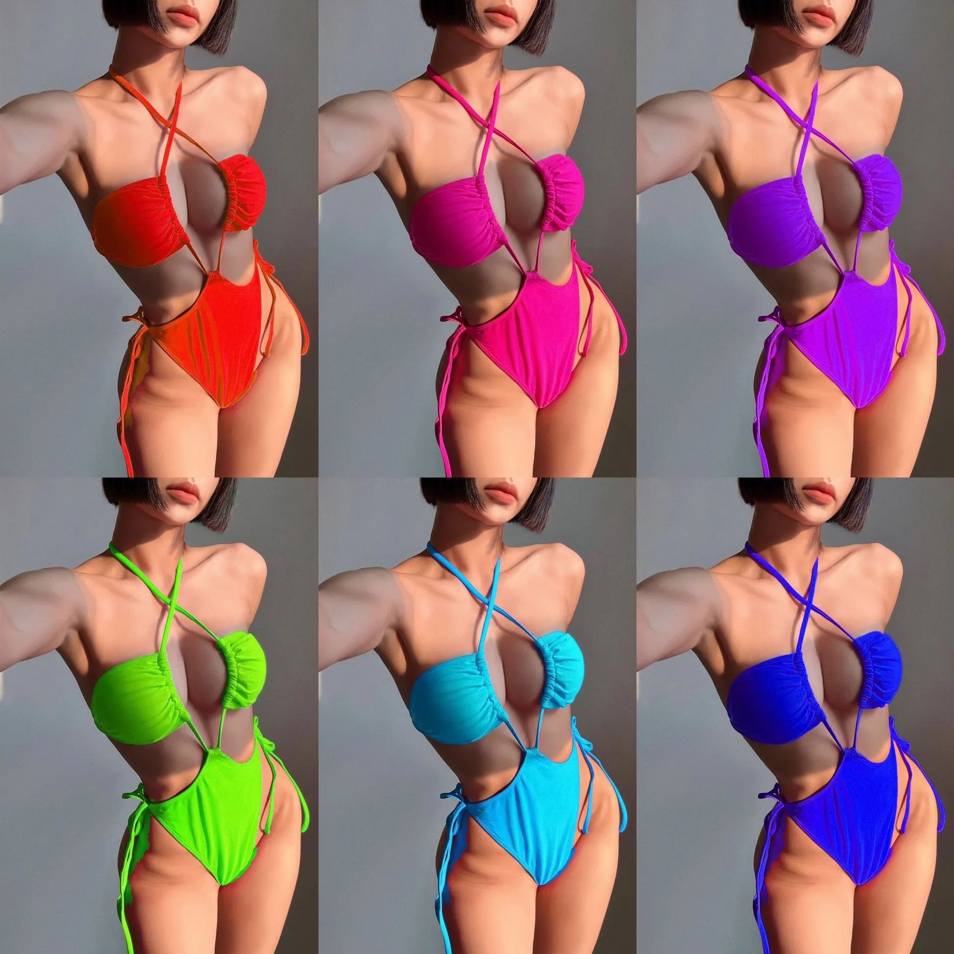 Women's solid colour one-piece swimsuit with drawstring ties in Barbie pink