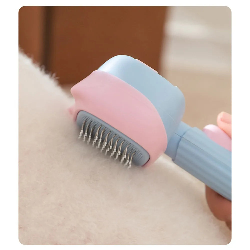 Blue and green dual-sided pet grooming brush with a deshedding rake and dematting comb.