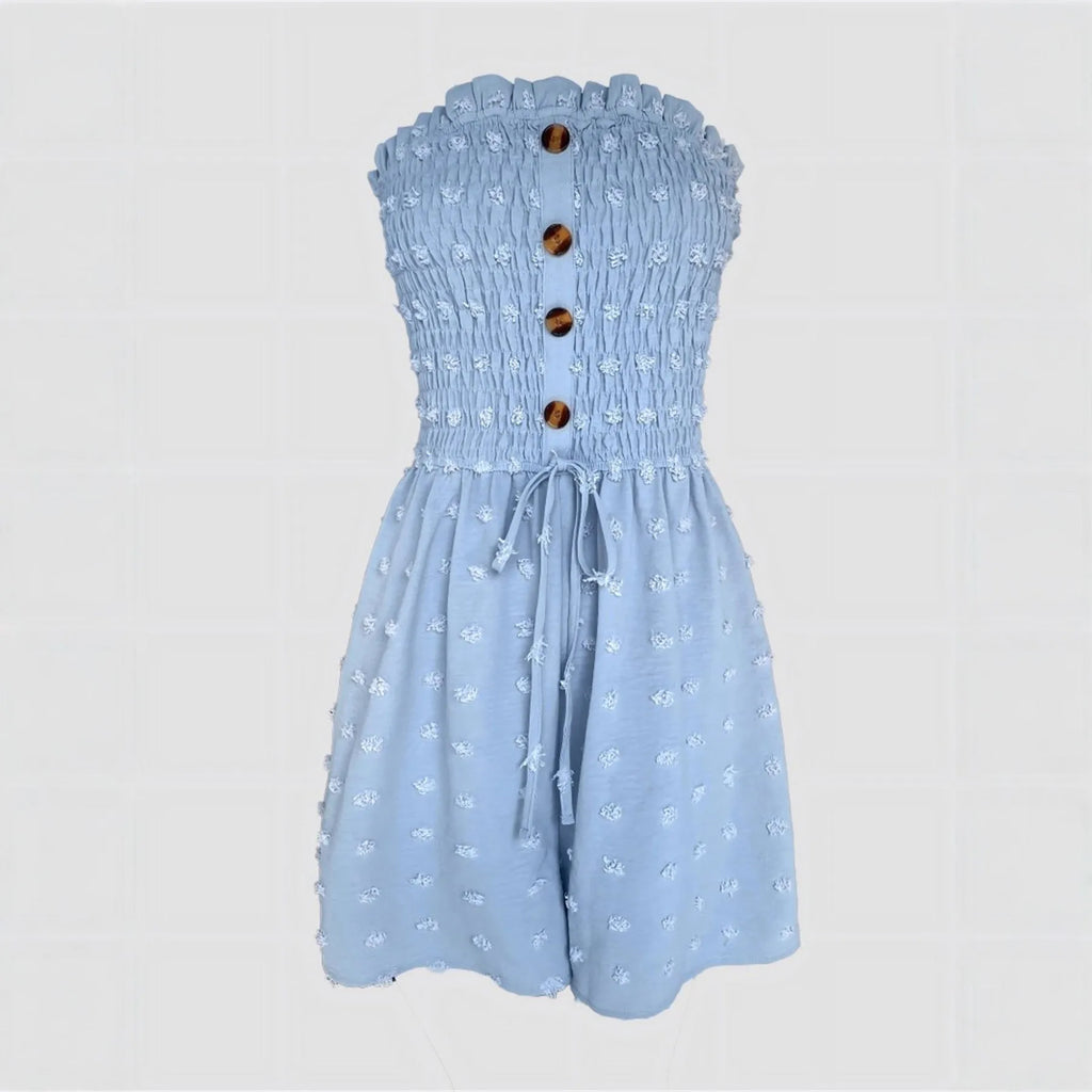 Women's solid colour off-shoulder jumpsuit with button front and sleeveless design