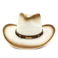 Straw cowboy hat in beige paper fabric with bell crown, free size, on neutral background