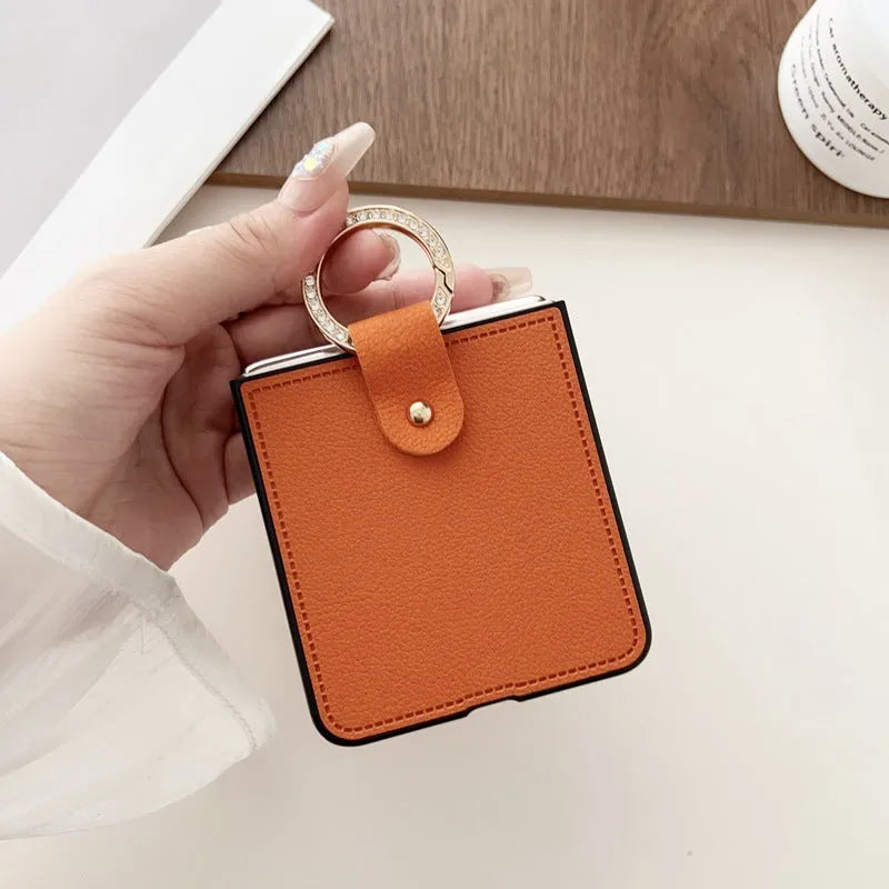 PU lychee leather folding phone case with ring holder for Samsung Galaxy Z Flip 3 4 5 6
