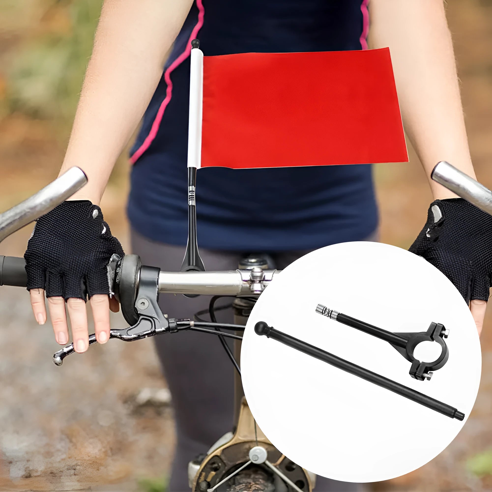 Cycling flag with square polyester fabric attached to plastic pole for handlebar mounting