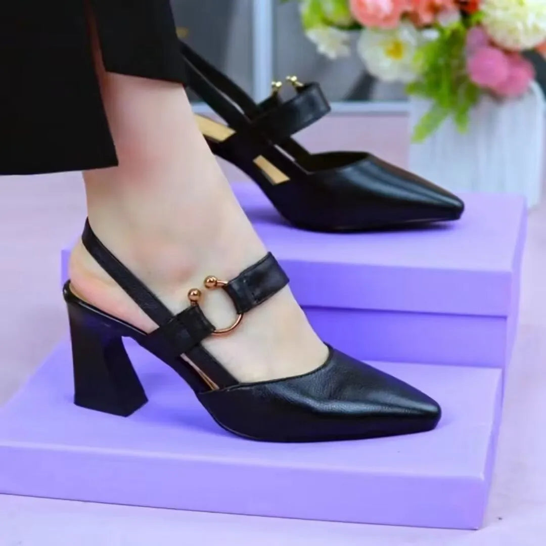 Women's apricot leather closed toe sandals with a chunky heel and oversleeve back.