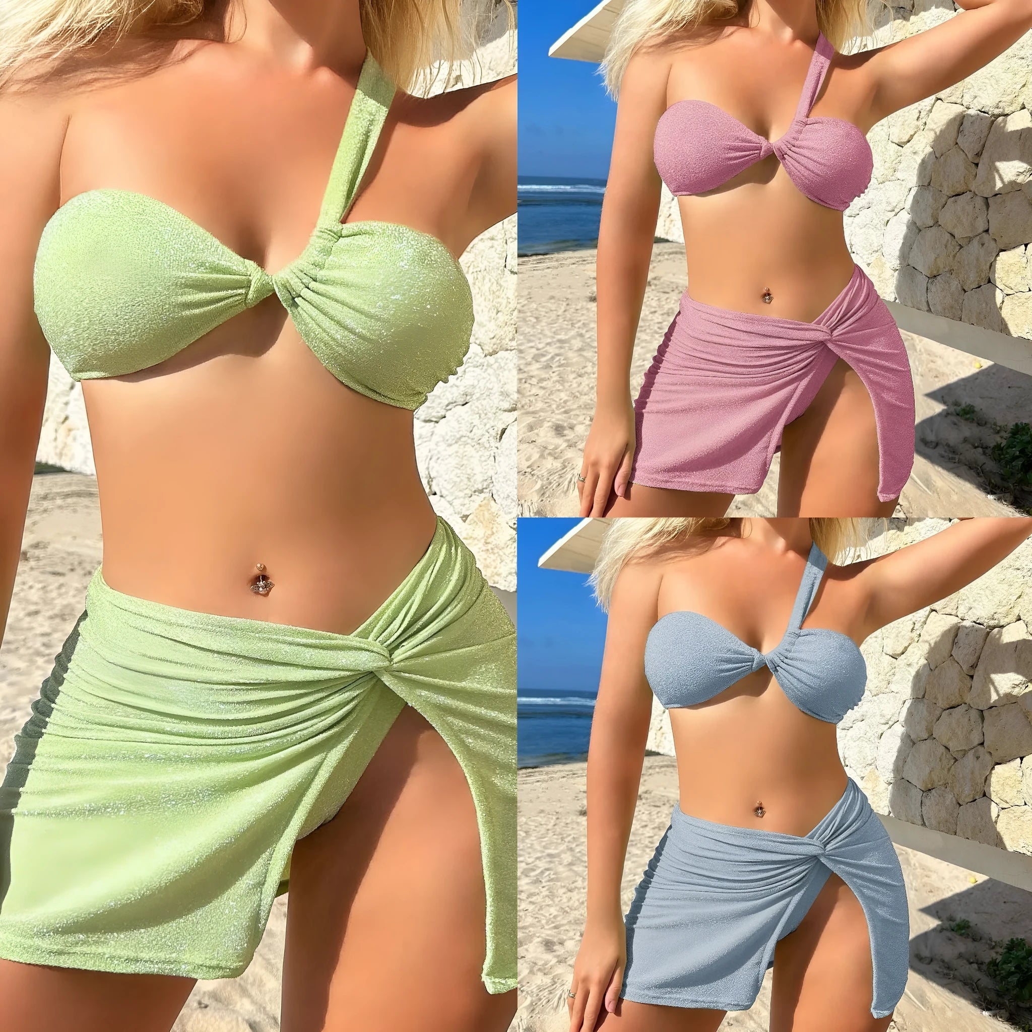 Women's light green one-shoulder swimsuit with matching bottoms and skirt on a white background.