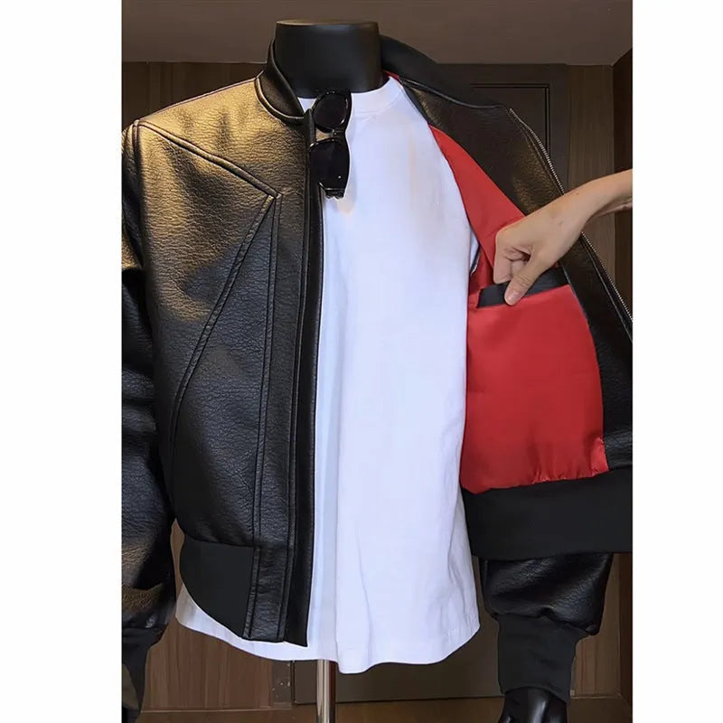 Men's black PU leather jacket with litchi grain texture and extended length design