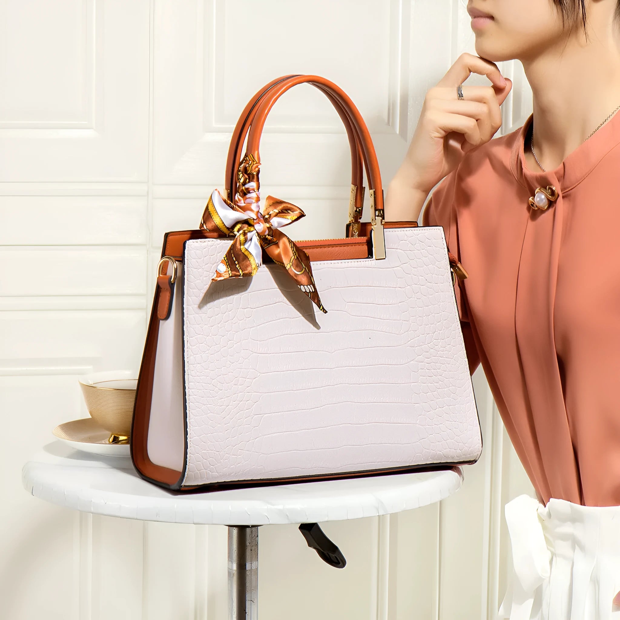 Milky white women's PU shoulder handbag with square shape and sewing line detailing