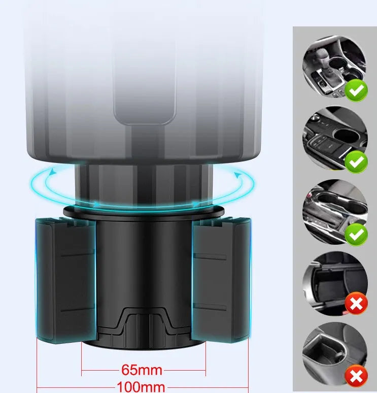 Matte black car cup holder expander with adjustable base for extra large bottles