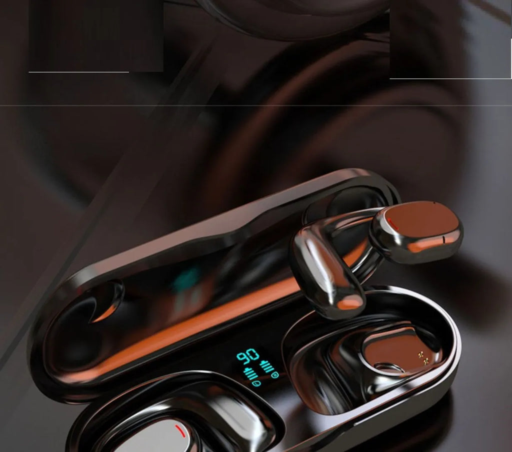Black bilateral stereo Bluetooth earplug headphones with charging case showing NFC and voice control functions