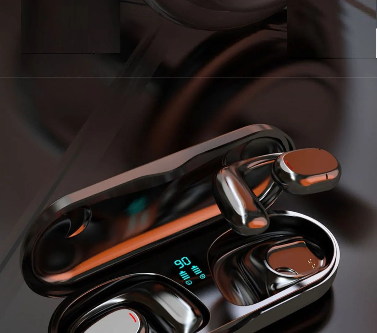 Black bilateral stereo Bluetooth earplug headphones with charging case showing NFC and voice control functions
