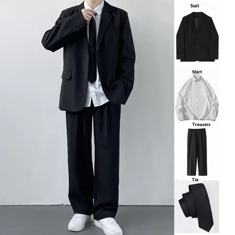 Plus size men's college style suit jacket set with trousers, white shirt and tie on hanger