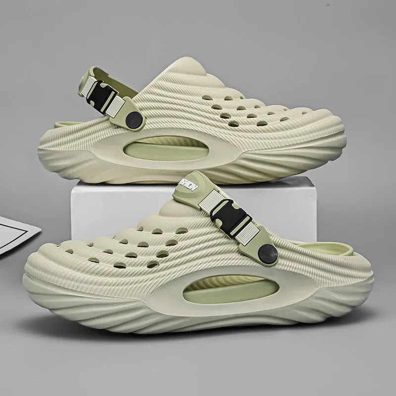 Men's casual platform slippers in light green with hollow-out detail on EVA upper
